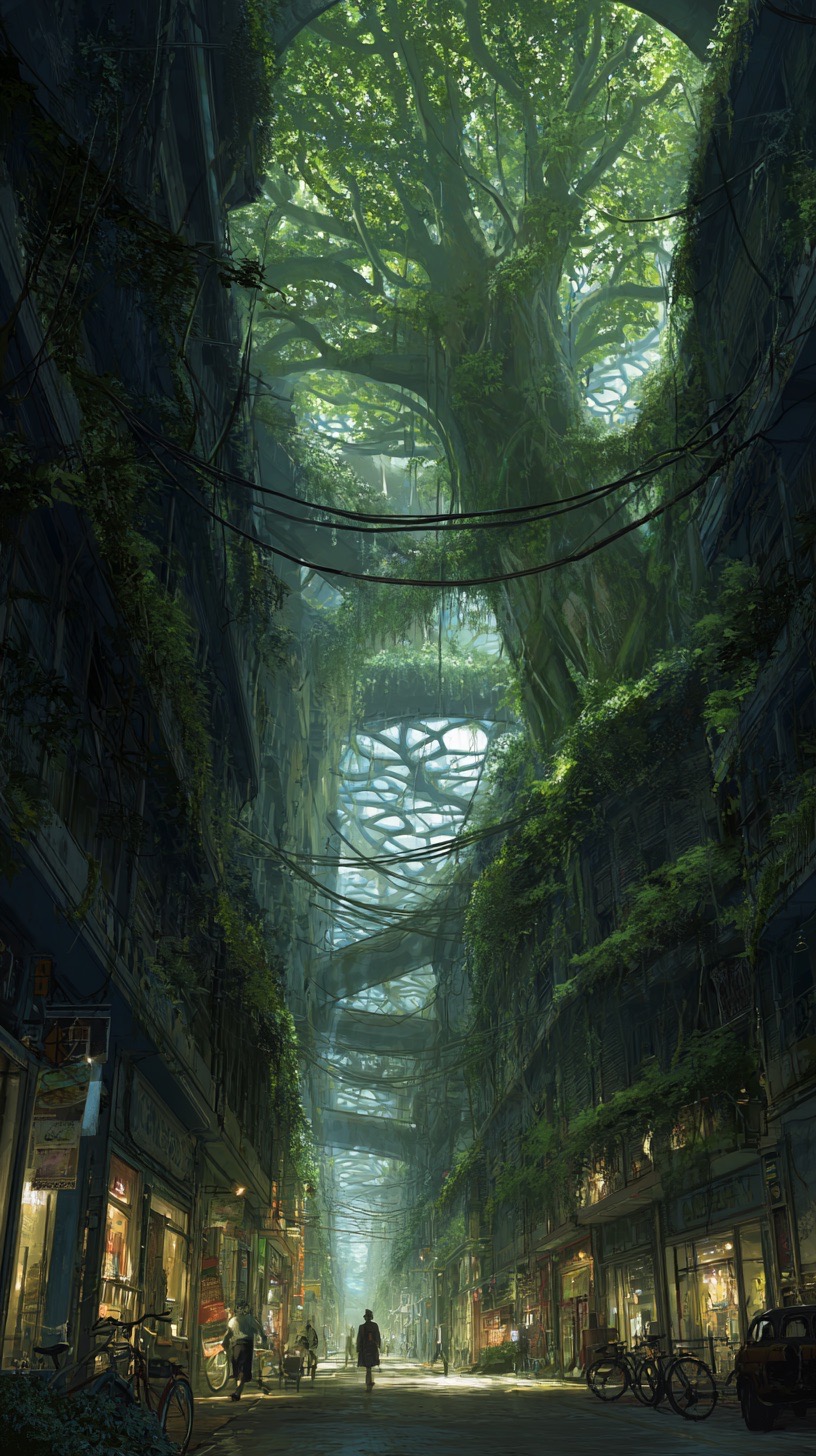 Rue interieure sous la canopee organique