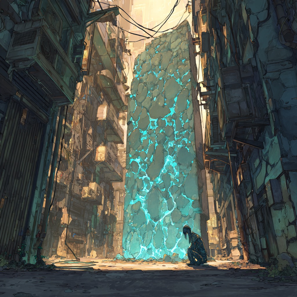 Paroi de pierre-vive fraichement deployee dans une ruelle