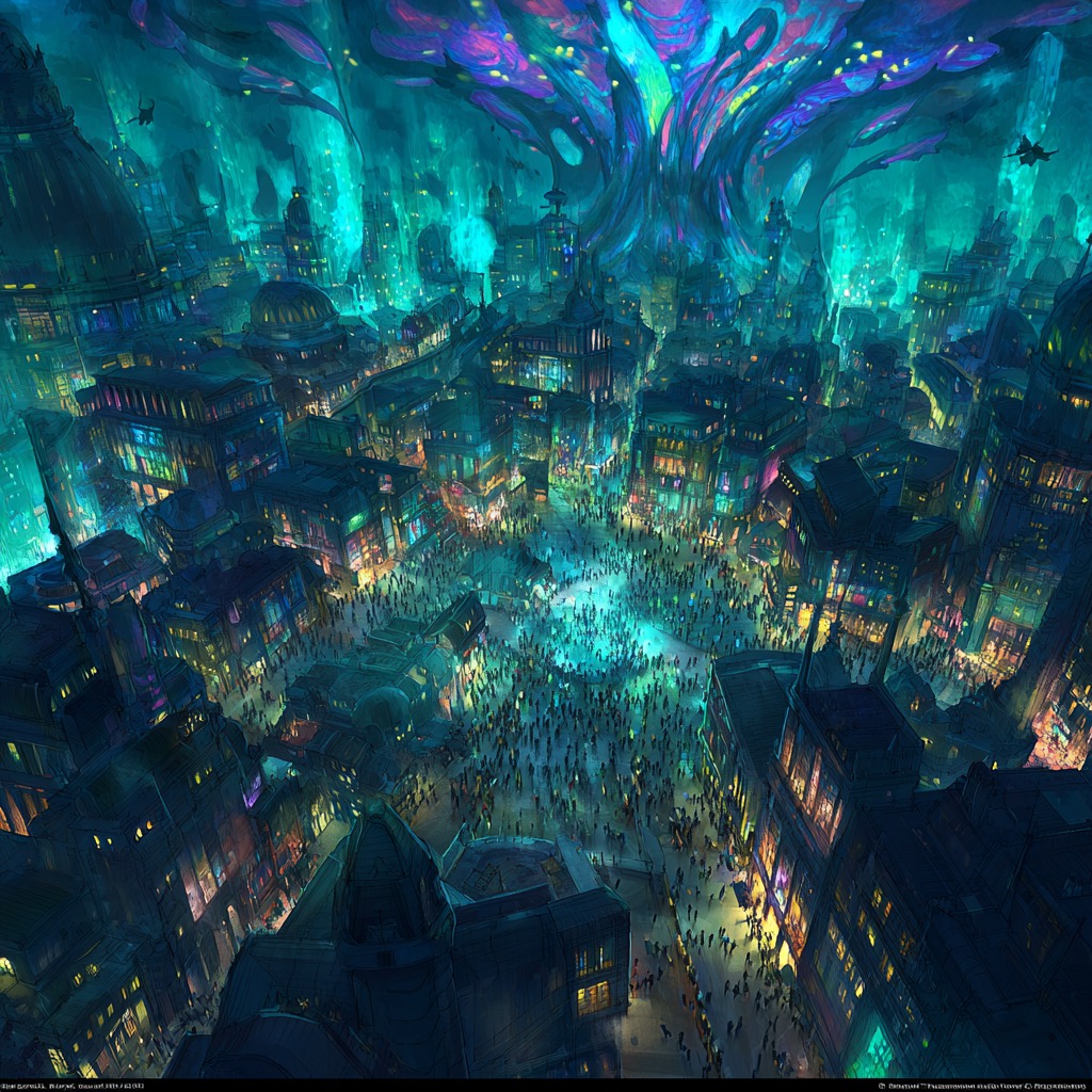 Vue aerienne de Genomia pendant la fete de la Sporulation