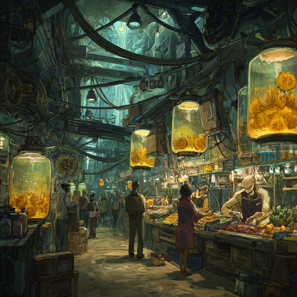 Etal alimentaire du marche — bocaux luminescents et specimens organiques