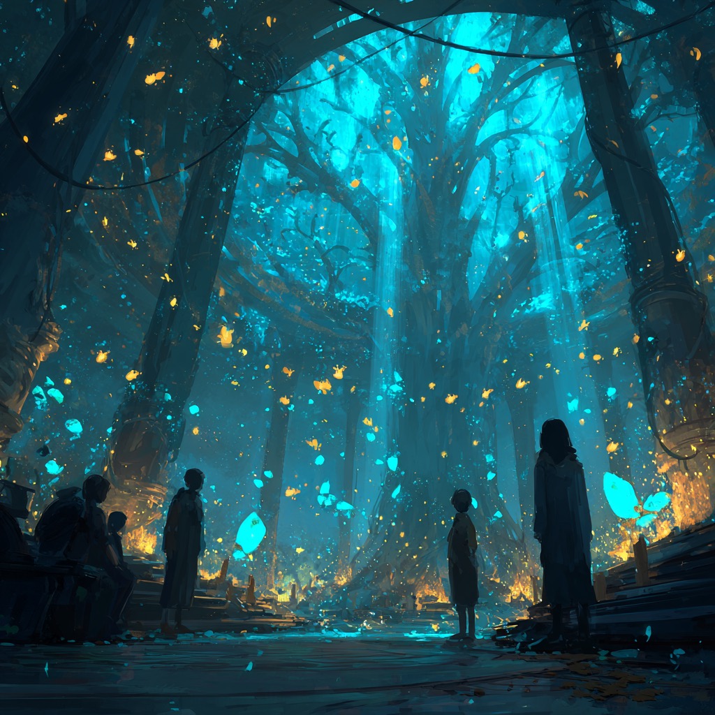 Rituel sous les spores — les jeunes praticiens respirent la lumiere