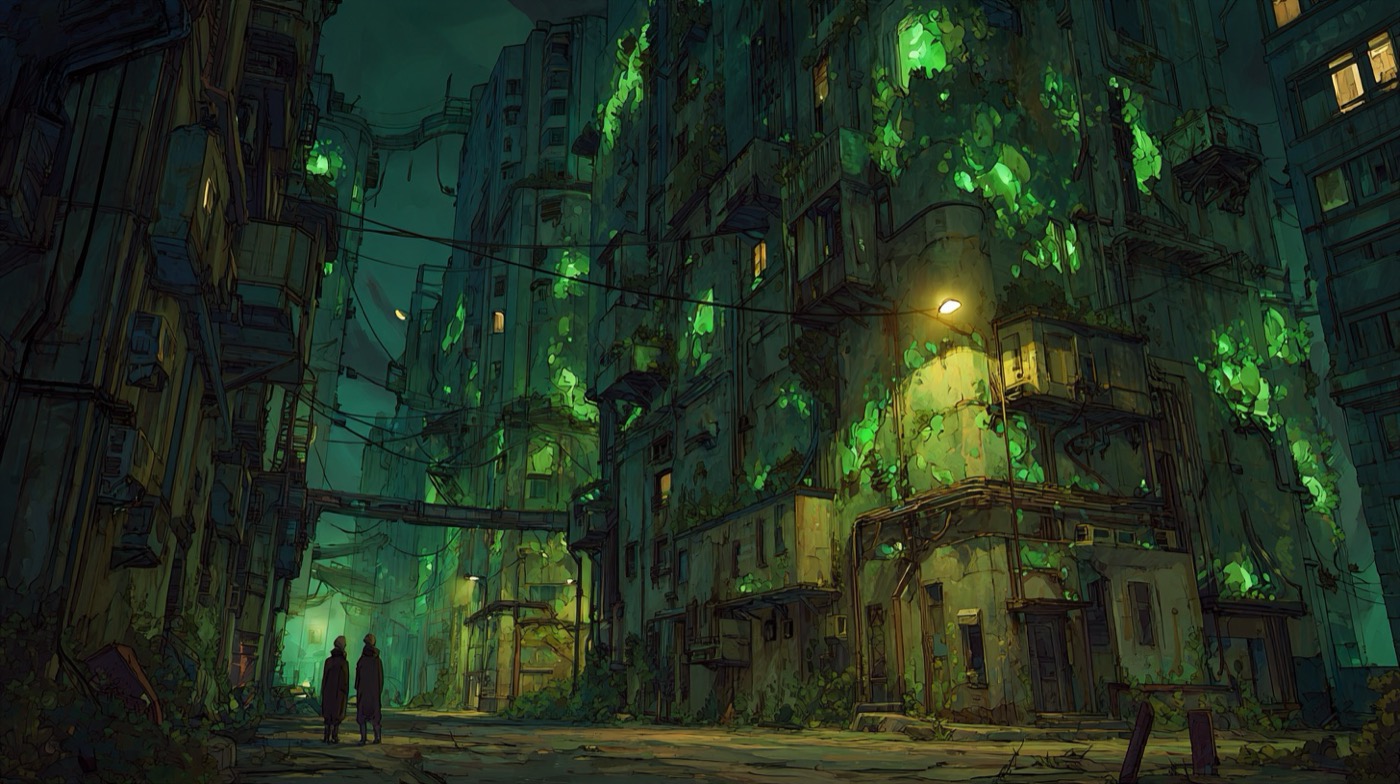 Quartier pauvre au crepuscule — bioluminescence malade