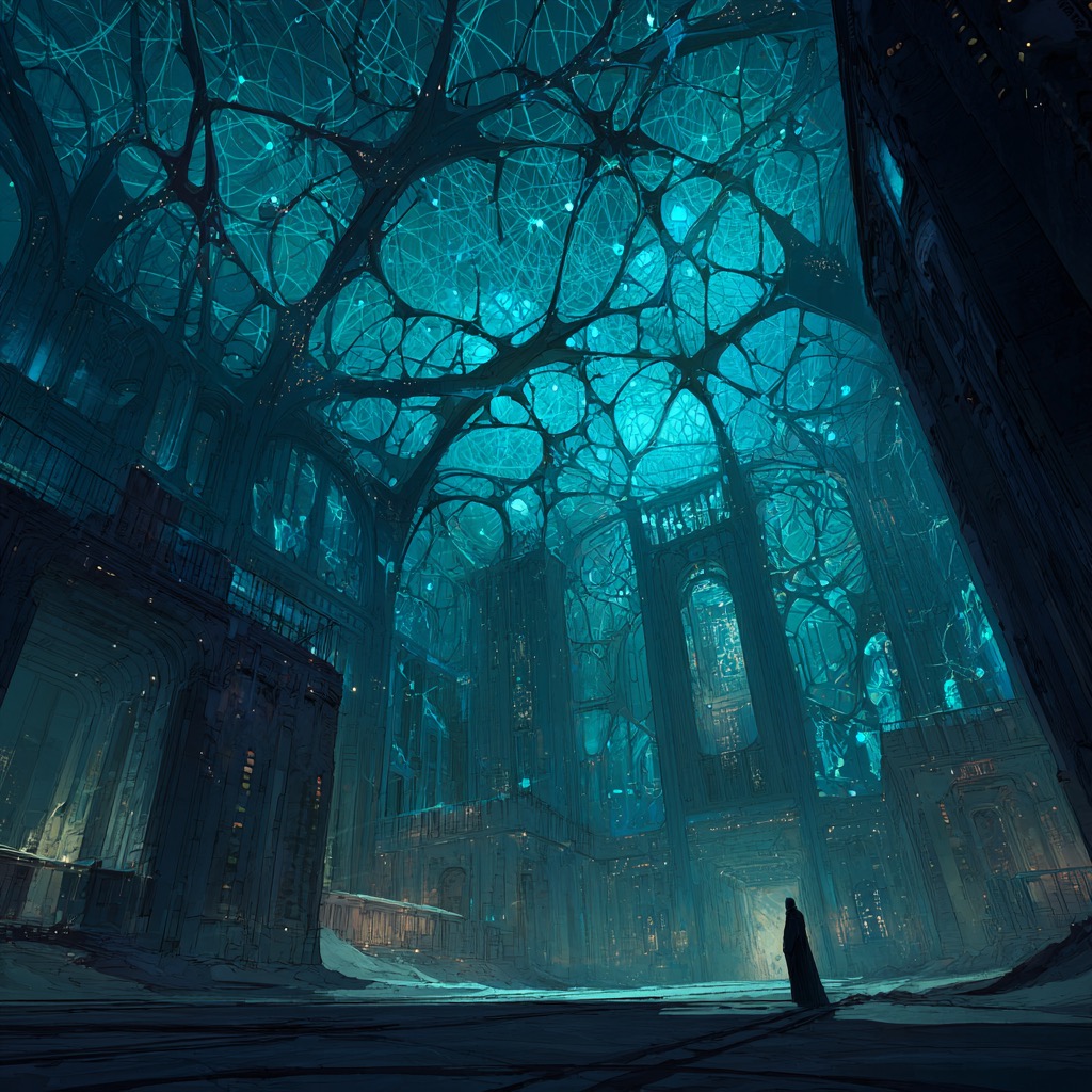 Le hall Daelith — reseau mycelien au plafond