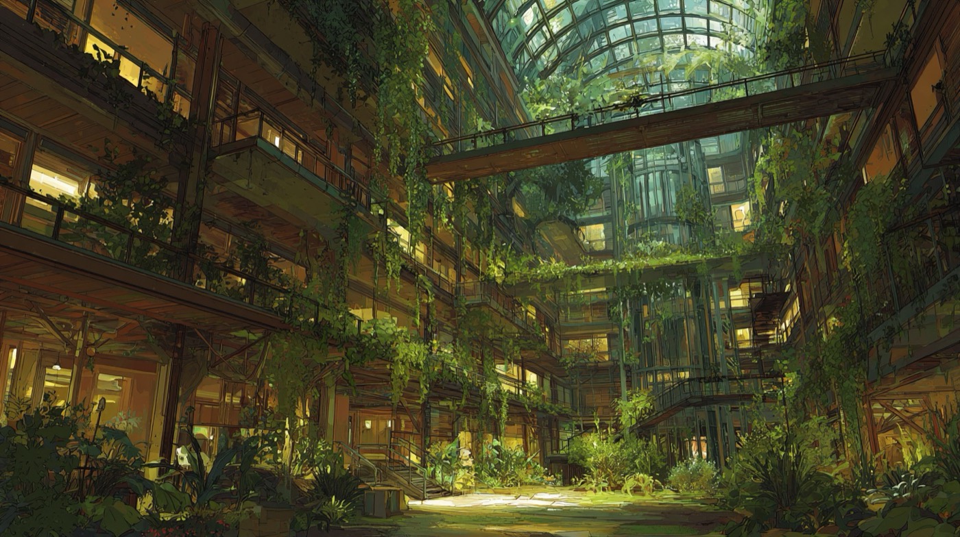 Atrium interieur avec structures complexes