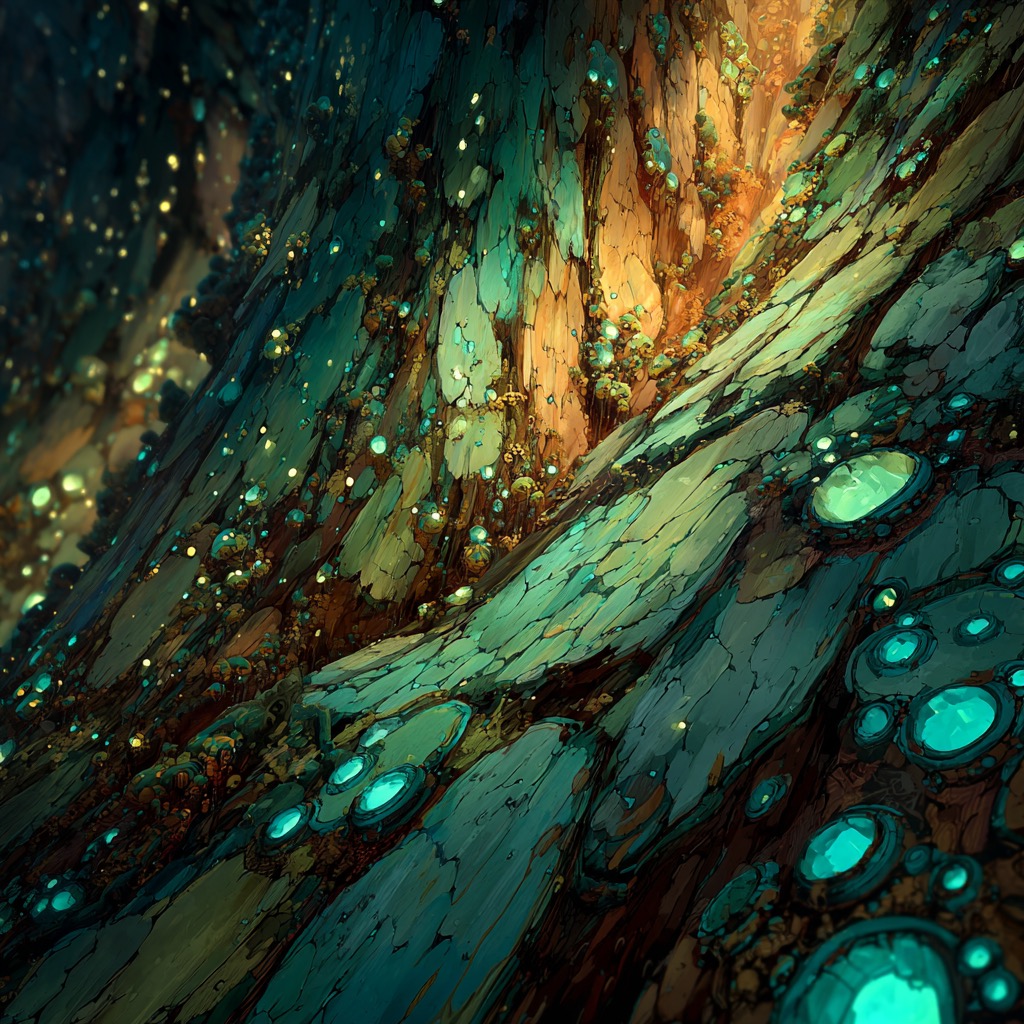 L'ecorce de l'Arbre-Monde — pods bioluminescents et veines dorees